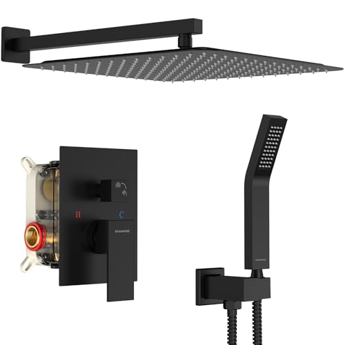 SR SUN RISE Matte Black Square Rainfall Shower Head and Handle Set, Wall Mounted Shower Fixtures, Metal Shower Faucet Trim Repair Kits (With Shower Valve) 16 Inches - color: Matte Black, size: 16 Inch