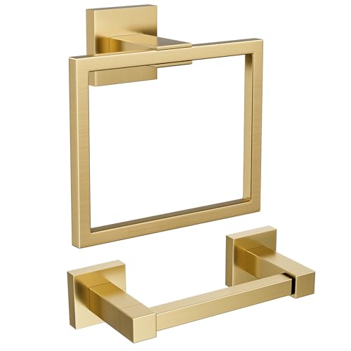 FORIOUS Toilet Paper Holder and Towel Ring Set, Bathroom Accessories Set | Brushed Gold | Double Post Pivoting Toilet Paper Holder Wall Mounted and Hand Towel Ring | SUS304 Stainless Steel | Square - color: Brushed Gold, size: Square
