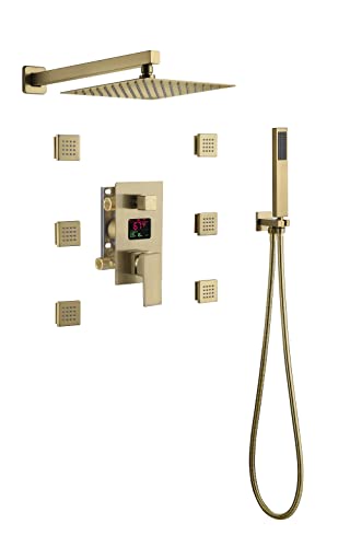 Cascada Digital 12” Wall Mounted Shower System with Single Handle & LCD Display, 3 Functions (Rainfall, Body jets & Handheld) (Antique Brass) - color: Antique Brass