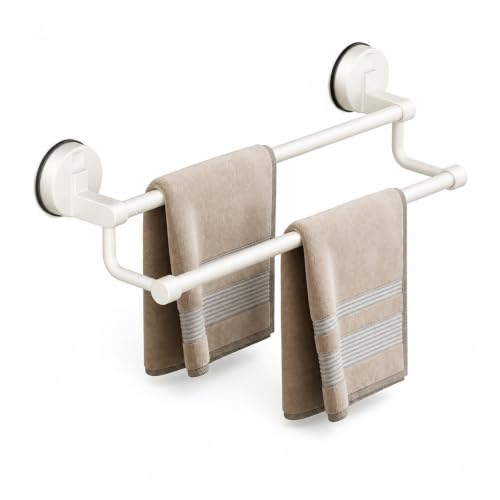 Suction Cup Bathroom Hand Towel Rack Double Bar 2 Tier | Wall Mount, No Drill, Space Aluminium, Electroplated Finish, Length Under 50 Cm(White 2 Bar 40cm) - color: White 2 Bar 40cm