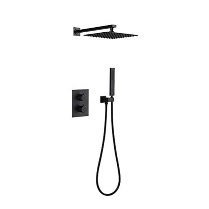 Thermostatic Rain Shower System, Concealed Matte Black Combo Set Wall Mounted Faucet with Rainfall Head, Handheld