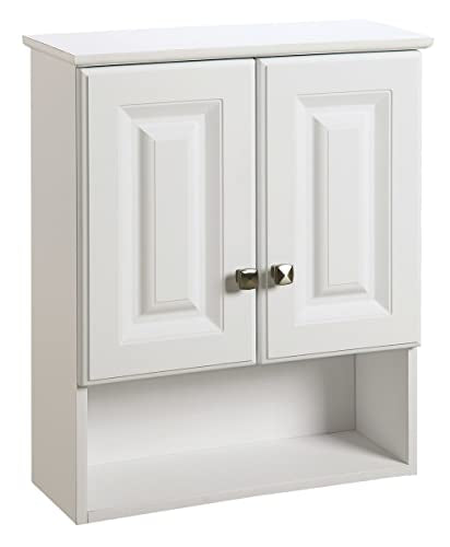 Design House Wyndham Wall Cabinet, 2 Doors, 1 Adjustable Interior Shelf, Bottom Display Shelf, Satin Nickel Hardware, Easy Assembly, Bath Cabinet, White, 8 in L x 22 in W x 26 in H, 597310 | Adjustable Shelves, Adjustable Hinges, Wall Mount, Traditional,