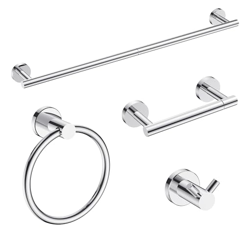 FORIOUS Bathroom Accessories, 4-Piece Bathroom Hardware Set - 24" Towel Bar | Chrome | Towel Hooks, Towel Racks for Bathroom, Toilet Paper Holder Wall Mounted & Towel Ring | SUS304 Stainless Steel - color: Chrome, size: 24 in | 4 Pieces