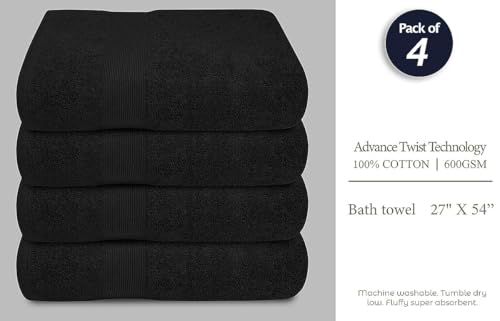 Luxury Bath Towels Set of 4 (27” x 54”) | Towels for Bathroom | Super Soft | Highly Absorbent Towels for Home, Spa, Gym (Black) - color: Black