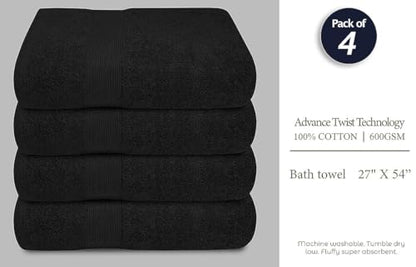 Luxury Bath Towels Set of 4 (27” x 54”) | Towels for Bathroom | Super Soft | Highly Absorbent Towels for Home, Spa, Gym (Black) - color: Black