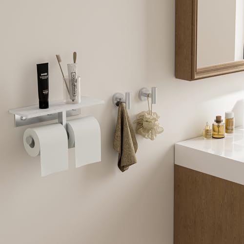 BWE Double Toilet Paper Holder with Shelf Wall Mounted Tissue Roll Holder | Commercial Toilet Paper Dispenser for Bathroom Marble Toilet Paper Storage Holder with Phone Shelf (Brushed Nickel) - color: Double Brushed Nickel