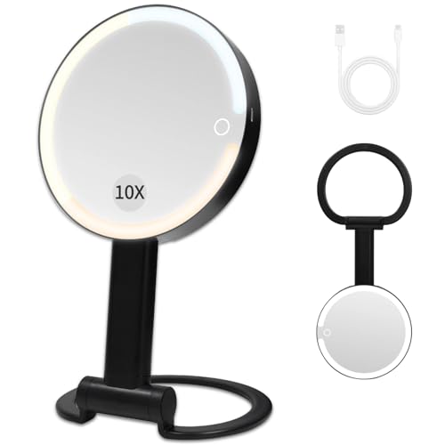 Lighted Makeup Mirror with 3 Color Modes & Dimmable Brightness, 360° Rotation, Double-Sided 1X/10X Magnifying Mirror, Rechargeable Portable Vanity Mirror for Home and Travel, Touch Control - Black - color: Black