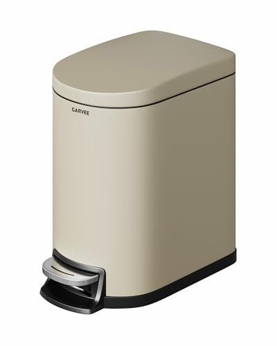 Garvee 1.6 gal / 6 L Metal Bathroom Trash Can with Lid, Slim Waterproof Garbage Can for Bedroom, Small Step-on Trash Bin with Inner Bucket, Rear Handle, Soft Close Lid, Sand Beige - color: Sand Beige, size: 1.6 Gallons