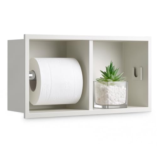 Recessed Dual Roll Toilet Paper Holder 304 Stainless Steel Hidden in-wall with Storage Durable Tissue Roll Holder Heavy Duty Space Saving Design for Modern Bathrooms and Remodel (White) - color: White
