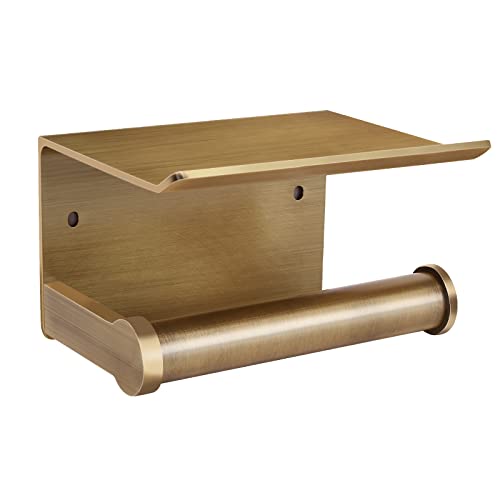 Antique Bronze Toilet Paper Holder Wall Mount with Shelf - No Drill 3M Adhesive or Screw Mount Bathroom Tissue Paper Dispenser-Aluminum Storage Rack for Phone, Wipes, Soap-Modern Bathroom Organizer