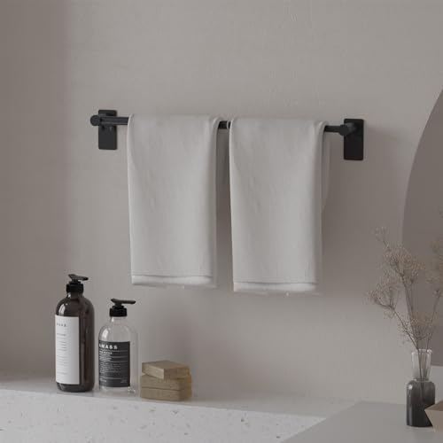 Towel Bar, Adhesive or Drill Wall Mount, Matte Black, 2 Pack | Adjustable 14.4 to 25.2 Inch, 304 Stainless Steel Hand Towel Holder, Square Base Towel Racks for Bathroom, Kitchen Use - color: Standard Length–black