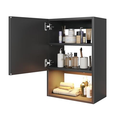 Wall Mounted Storage Cabinet with LED Light, Bathroom Over Toilet Organizer | Black Waterproof Cabinets With Adjustable Shelves, Soft Close, For Bathroom Kitchen Medicine Small Spaces, Easy to Assemble - color: Black