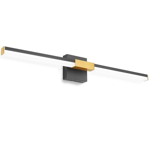 SOLFART Bathroom Lighting Fixtures Over Mirror: 32-Inch Black and Gold Dimmable Built-in Step Dimming Vanity Light ETL IP44 - color: Black Gold-6000K, 5-Step Brightness Control, size: 32 inch