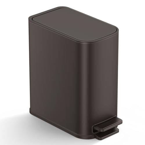 TIPGO Small Bathroom Trash Can with Lid Soft Close, Step Pedal, 1.3 Gallon / 5 Liter Stainless Steel Slim Garbage Can for Office, Diaper Waste Basket with Removable Inner Bucket (Brown) - color: Brown