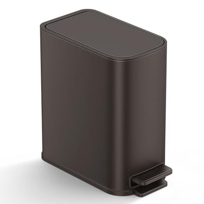 TIPGO Small Bathroom Trash Can with Lid Soft Close, Step Pedal, 1.3 Gallon / 5 Liter Stainless Steel Slim Garbage Can for Office, Diaper Waste Basket with Removable Inner Bucket (Brown) - color: Brown
