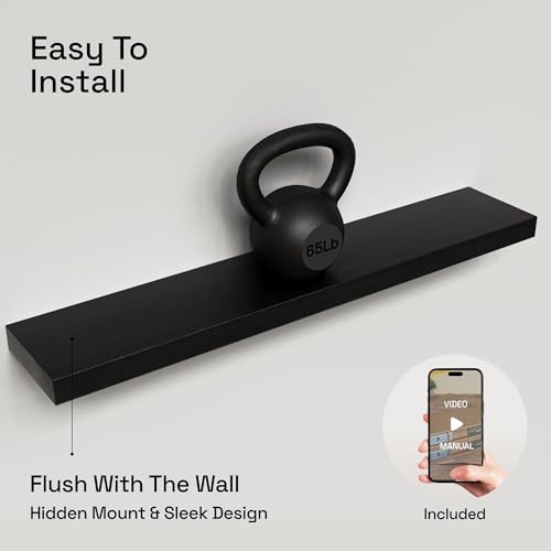 Solid Wood Floating Shelves for Wall 36 Inches Long, Black Wooden Shelf | Real Wood, 36 Inch, Heavy Duty, Wall Mounted, Bathroom Shelves Large, Bedroom Kitchen, Black Finish, 36W × 6.7D, Set of 2 - color: Black, size: 36 Inch