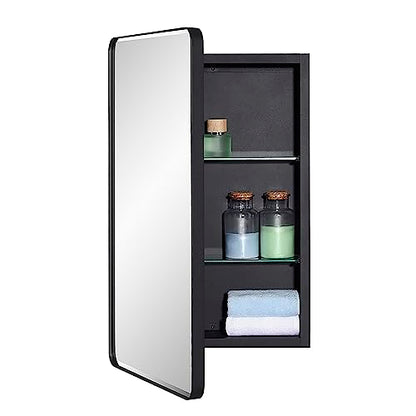 Black Bathroom Mirror Medicine Cabinet with Round Corner Framed Door and Beveled Edge Mirror 15 x 25 inch, Recessed or Surface Mount, with Adjustable Glass Shelves
