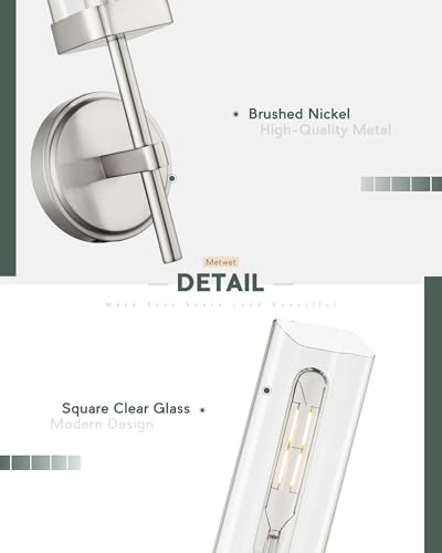 Set of 2 Brushed Nickel Bathroom Sconces, Square Clear Glass | Modern bathroom vanity light fixtures, upward-only mount, E26 base, hardwired, bulbs not included, VL262-BN-2PK - color: Brushed Nickel-Square Clear Glass, 2-Pack