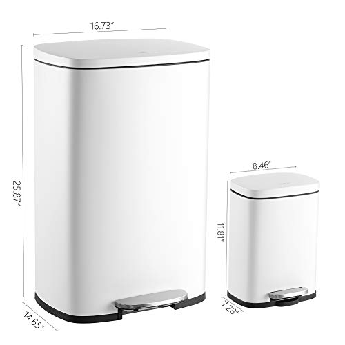 happimess Connor 2-Piece Stainless Steel Trash Can, Cotton White | 13.2 and 1.3 Gallons, Rectangular, Soft-Close Lid, Fingerprint Resistant, Step Pedal, 20 Liners, 26" and 12" Height - color: White