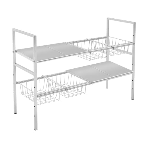 2-Tier Under Sink Organizer, Adjustable 20.9-34.6 Inch, Stainless Steel Cabinet Shelf with 4 Baskets, Cream White (Silver) - color: Silver