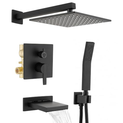 Shower System with Tub Spout, All Metal Black Bathtub Shower Faucet Set with High Pressure 10 Inch Rain Shower Head and Handheld Shower Head Set, Matte Black (Valve Include） - color: Matte Black