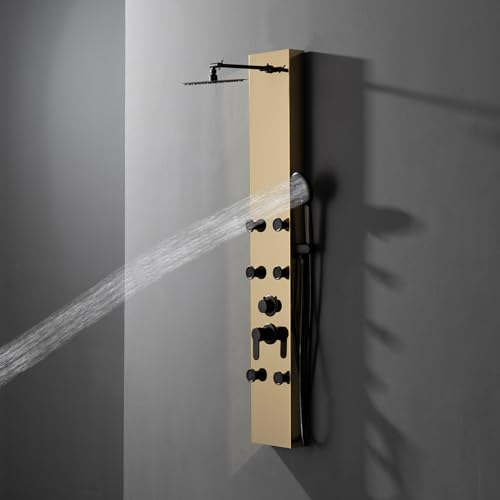 BWE Stainless Steel Modern Shower Panel Tower System | 3-Function Faucet Rainfall Shower Head, Handheld Sprayer, Massage Body Jets, Polished Gold