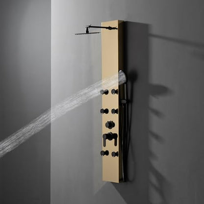 BWE Stainless Steel Modern Shower Panel Tower System | 3-Function Faucet Rainfall Shower Head, Handheld Sprayer, Massage Body Jets, Polished Gold