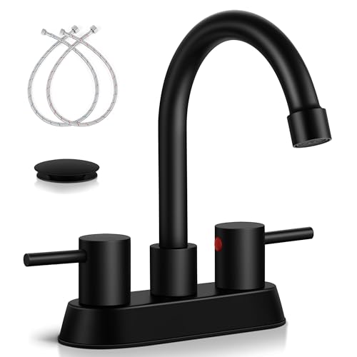Matte Black Bathroom Faucet for 3 Hole, Herogo 4 Inch 2-Handle Bathroom Sink Faucet with Pop-Up Drain and Supply Hoses, 18/10 Stainless Steel Faucets for RV Vanity - color: Matte Black, style: Round Handles