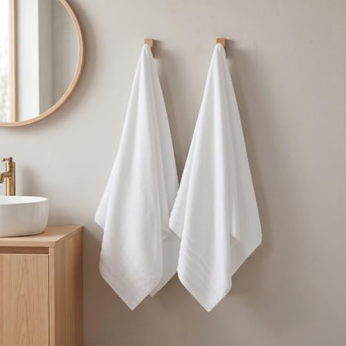 ecolook Soft Bath Towels 2 Pack, 100% Cotton Ultra Absorbent & Quick-Drying | Luxury Lightweight with Hanging Loop, White towels for Bathroom Shower Gym Travel - color: White