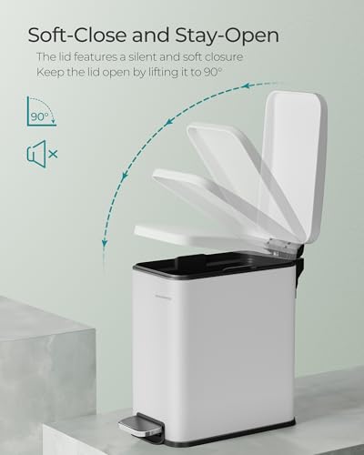 SONGMICS Bathroom Trash Can, 2.6 Gallon (10 L) Small Trash Bin with Lid, Slim for Small Spaces, Stainless Steel Garbage Can, Soft Close, White ULTB561W10 - color: White, style: 2.6 Gal.