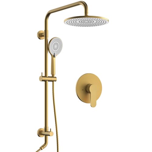 10 Inch High Pressure Rainfall Shower System with Slide Bar, Wall Mount Bathroom Round Shower Faucet Set with Valve, Brushed Gold - color: Brushed Gold
