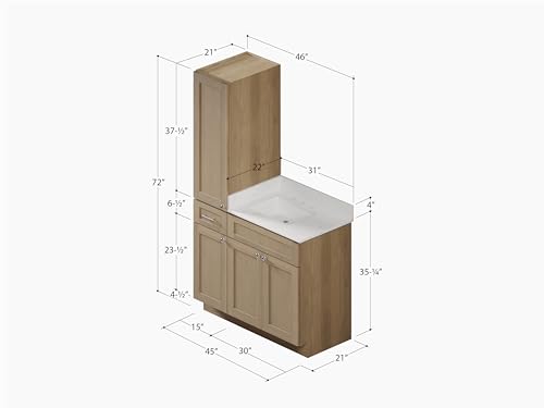 45" Bathroom Vanity with Linen Storage Tower, Carrara Quartz Top and Ceramic Sink, Left or Right Side Option, Solid Wood Frame, 46" x 22" x 72" (Natural Oak, Left Tall Cabinet) - color: Natural Oak