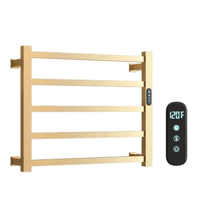 Luxury Heated Towel Rack Wall Mounted Towel Warmers, 5 Bars Towel Warmer Rack for Bathroom with Timer & Temperature Multi-Level Adjustable, Hardwired and Plug-in Compatible (Brushed Gold)
