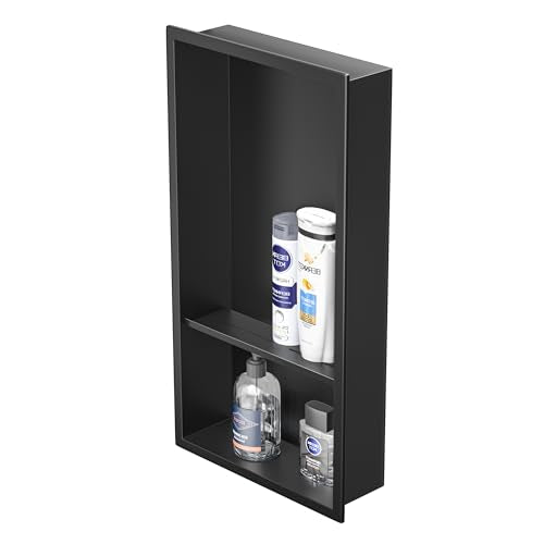 Stainless Steel Shower Niche Matte Black 12" X 24" No Tile Needed | Recessed shower niche with 2-tiers shelf,space-saving,vertical niche, bathroom niche shower for shampoo & soap storage - color: Matte Black, size: 12"x 24"