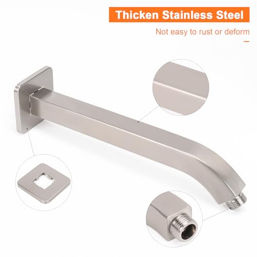 Shower Arm with Flange and Teflon Tape, Wall Mounted Square Shower Pipe 304 Stainless Steel Extension Arm for Fixed Shower Head & Handheld Shower (10 Inch, Brushed Nickel) - color: Brushed Nickel, style: 10 Inch