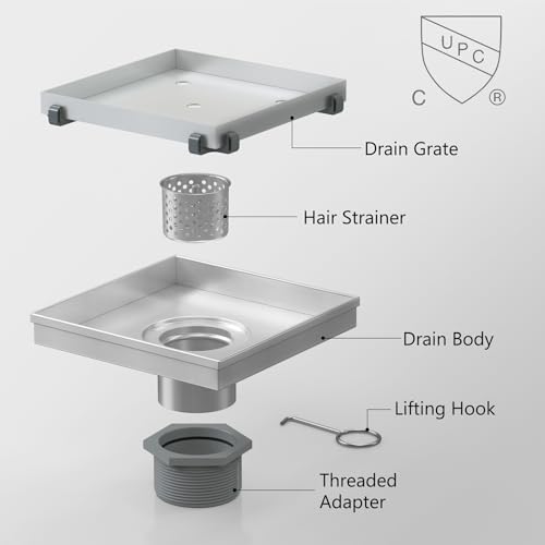 6 Inch Square Shower Drain with Tile Insert Grate, Brushed | 304 Stainless Steel, Square Tile Floor Drain for Bathroom, Removable Tile-In Drain Grate with Hair Strainer, cUPC Certified - size: 6 inch