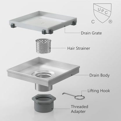 6 Inch Square Shower Drain with Tile Insert Grate, Brushed | 304 Stainless Steel, Square Tile Floor Drain for Bathroom, Removable Tile-In Drain Grate with Hair Strainer, cUPC Certified - size: 6 inch