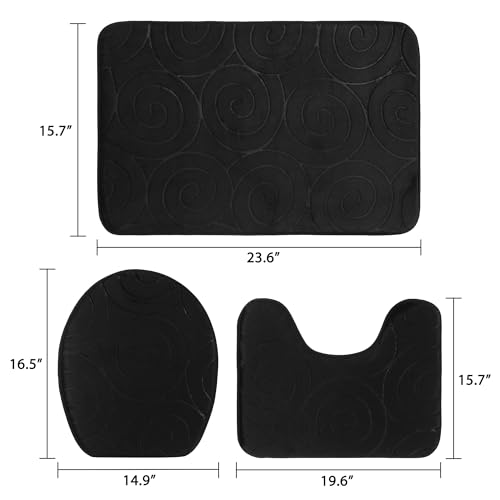 Bathroom Rug Sets 3 Piece, Memory Foam Non Slip Bathroom Rug, Toilet Rugs U Shaped Washable, Soft Absorbent Bath Mats for Bedroom, Kitchen, Black