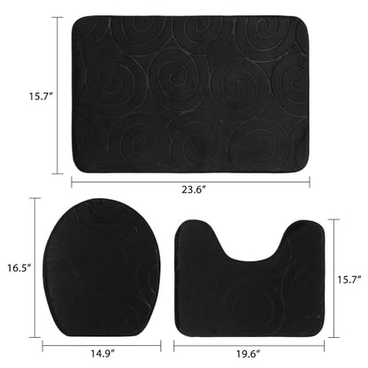 Bathroom Rug Sets 3 Piece, Memory Foam Non Slip Bathroom Rug, Toilet Rugs U Shaped Washable, Soft Absorbent Bath Mats for Bedroom, Kitchen, Black