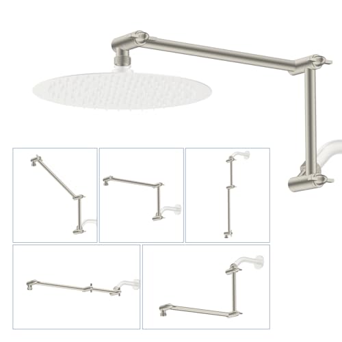 All-Metal 16" Shower Head Extension Arm, G1/2" Universal, Brushed Nickel | Flexible Brass Shower Head Extender Adjustable Height/Angle, Stainless Steel Rain Shower Pipe Height Extended with Lock Joint - color: Brushed Nickel, size: 16 Inch