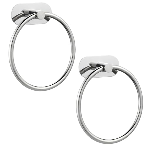 Self-Adhesive Towel Ring for Bathroom, No Drilling Stainless Steel Rustproof Hand Towel Holder, Wall Mounted Kitchen Towel Hanger with Strong Adhesive, Modern Bath Organizer Brushed Chrome 2 Pack - color: Chrome, size: 2 Pack
