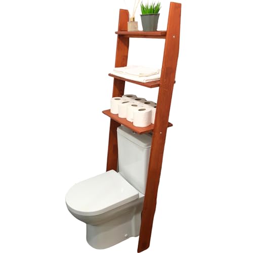Over The Toilet Birch Wood Bathroom Organizer Shelves, 3-Tier Freestanding Above Toilet Storage Ladder Shelf, Standing Space Saver Behind Toilet Small Bathroom Organizer (Chestnut) - color: Chestnut