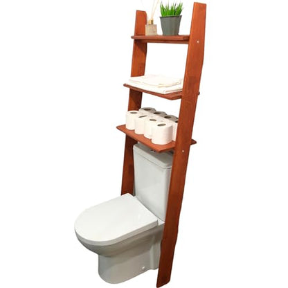 Over The Toilet Birch Wood Bathroom Organizer Shelves, 3-Tier Freestanding Above Toilet Storage Ladder Shelf, Standing Space Saver Behind Toilet Small Bathroom Organizer (Chestnut) - color: Chestnut