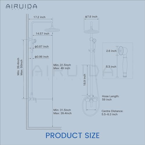 Airuida Matte Black Exposed Shower System with Handheld Spray | Single Handle,Wall Mount,8 Inch Rainfall Shower Head,Dual Function,Exposed Pipe Fixture for Bathroom - color: Matte Black
