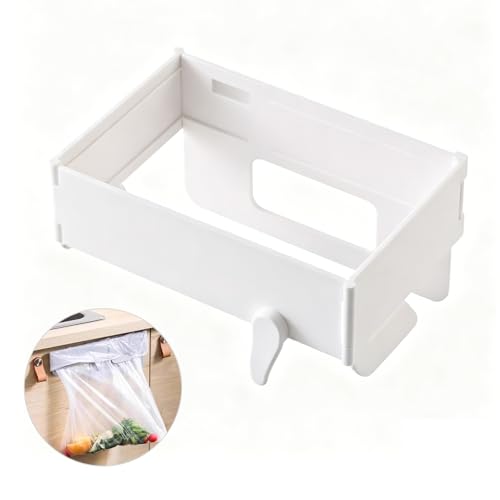 Wall Mounted Trash Bag Holder- Folding Room Saving Bathroom and Kitchen Storage Rack, Plastic Hanging Waste Bin Organizer (White)