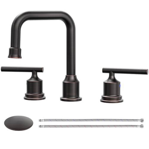 WOWOW Bronze Bathroom Faucet 3 Hole, Widespread Vanity Sink Faucets 8 Inch | Copper Inlet Oil Rubbed Bronze Faucet for Bathroom Sink with Swivel Spout, 2 Handles Lavatory Tap with Drain and Supply Line - color: Oil Rubbed Bronze, style: Upgrade-8 Inch