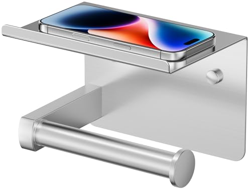 FORIOUS Toilet Paper Holder with Shelf, Adhesive or Screw, Commercial | Brushed Nickel | Wall Mount Bathroom Tissue Holder | SUS304 Stainless Steel Rustproof | Bathroom Tissue Roll Holder - color: Stainless Steel