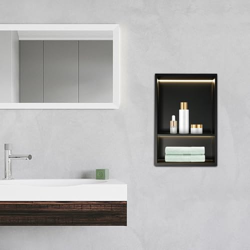 2-tier Stainless Steel Shower Niche with LED Light,12*18in Matte Black No Tile Needed Wall Vertical Niche,Embedded Wall Mount Shower Shelf for Bathroom Storage Over Mount Installation (12x18in LED) - size: 12x18in LED