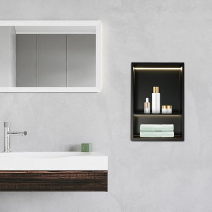 2-tier Stainless Steel Shower Niche with LED Light,12*18in Matte Black No Tile Needed Wall Vertical Niche,Embedded Wall Mount Shower Shelf for Bathroom Storage Over Mount Installation (12x18in LED) - size: 12x18in LED