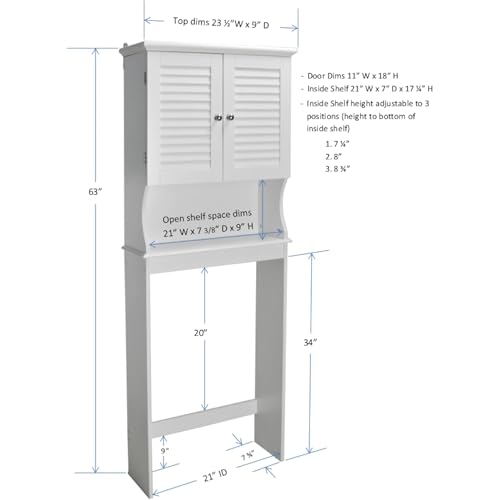 Redmon Louvered Double Doors Over the Toilet Space Saver Storage Cabinet (Full Side Panels), Adjustable Center Shelf, 23.50 Inch Width x 63.00 Inch Height, White Semi Gloss Enamel Finish